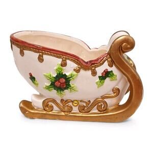 Holly Bells Porcelain Sleigh Christmas Centerpiece Grannycore Cottage Gold Pearl